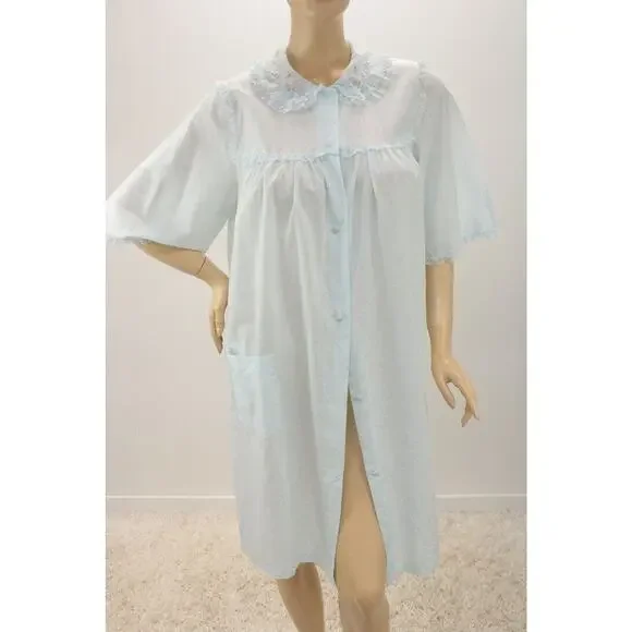 Vintage Sears House coat Robe Blue Cotton Blend Medium Button Front Girly Granny - Picture 2 of 9